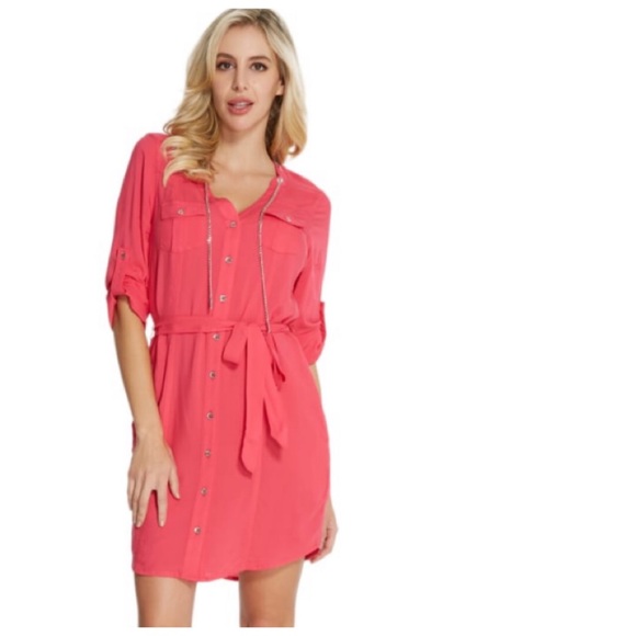 Guess Maddy Chain Button Down Dress in Pearl Pink - Picture 1 of 13